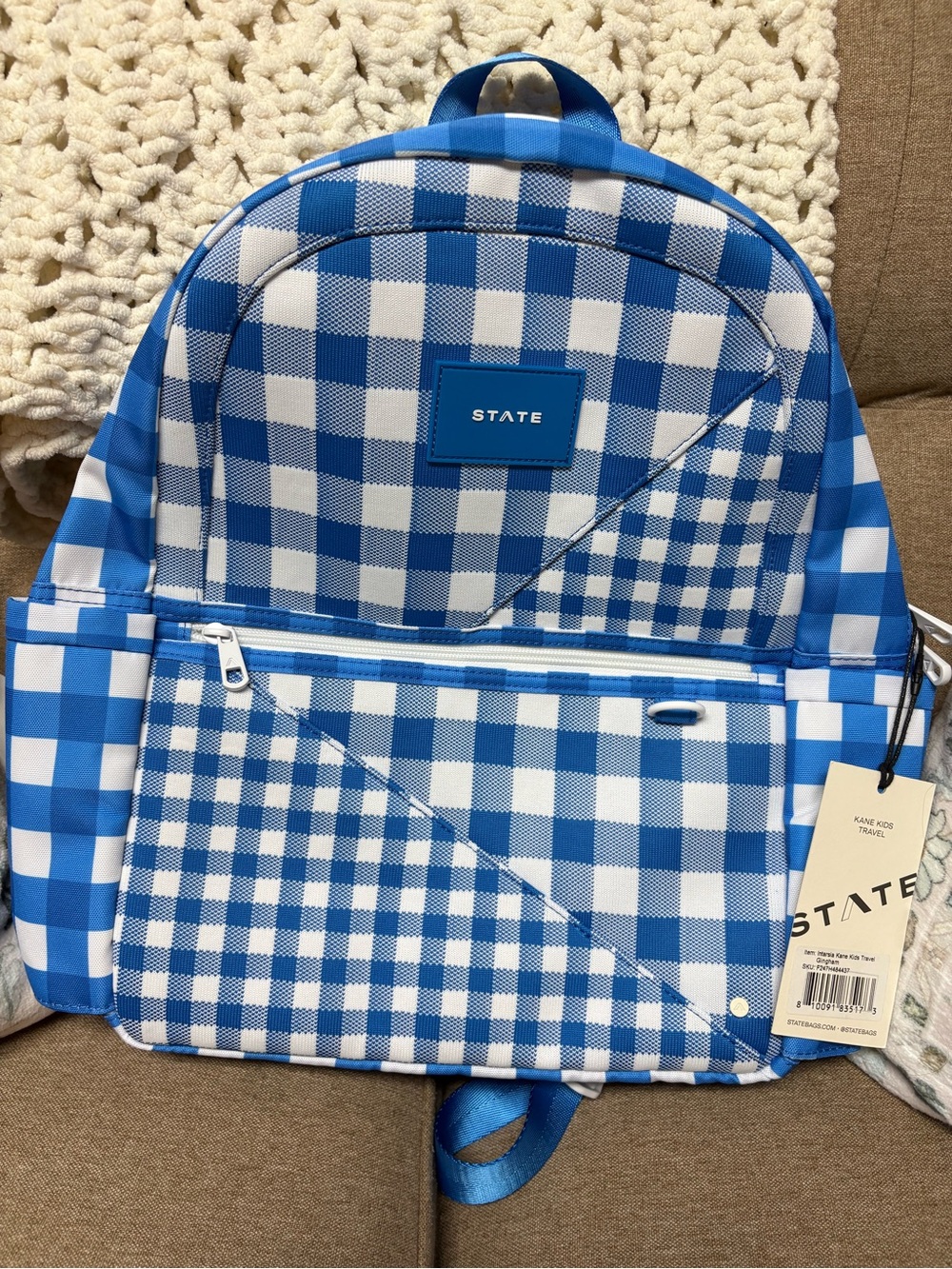 STATE Intarsia Kane Kids Travel Blue & White Gingham Backpack
